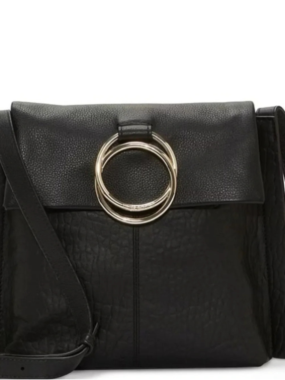 Vince Camuto Livy Large Crossbody Black Leather Bag with Silver Ring Accent